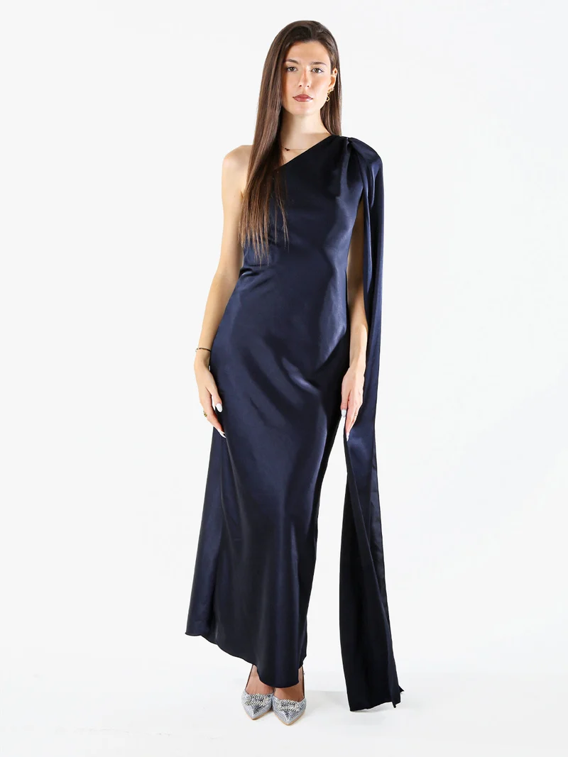 Abito elegante da donna monospalla con stola incorporata - blu scuro