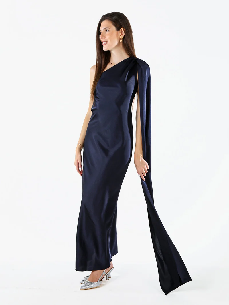 Abito elegante da donna monospalla con stola incorporata - blu scuro
