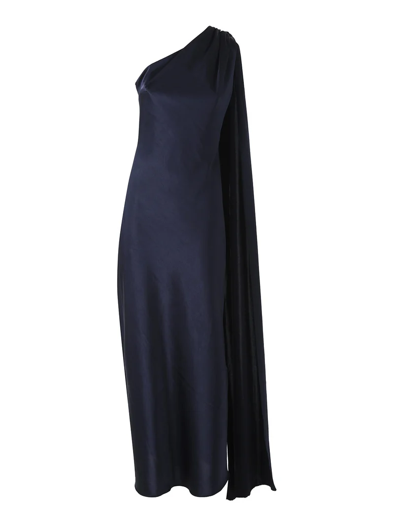 Abito elegante da donna monospalla con stola incorporata - blu scuro