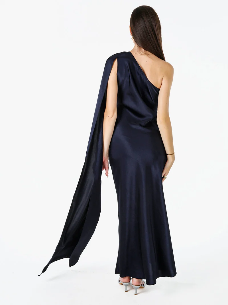 Abito elegante da donna monospalla con stola incorporata - blu scuro