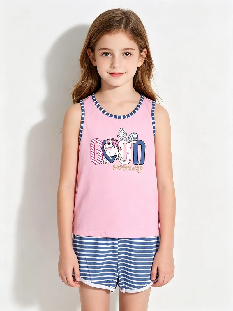Completo corto da bambina con canotta e shorts rigati - rosa