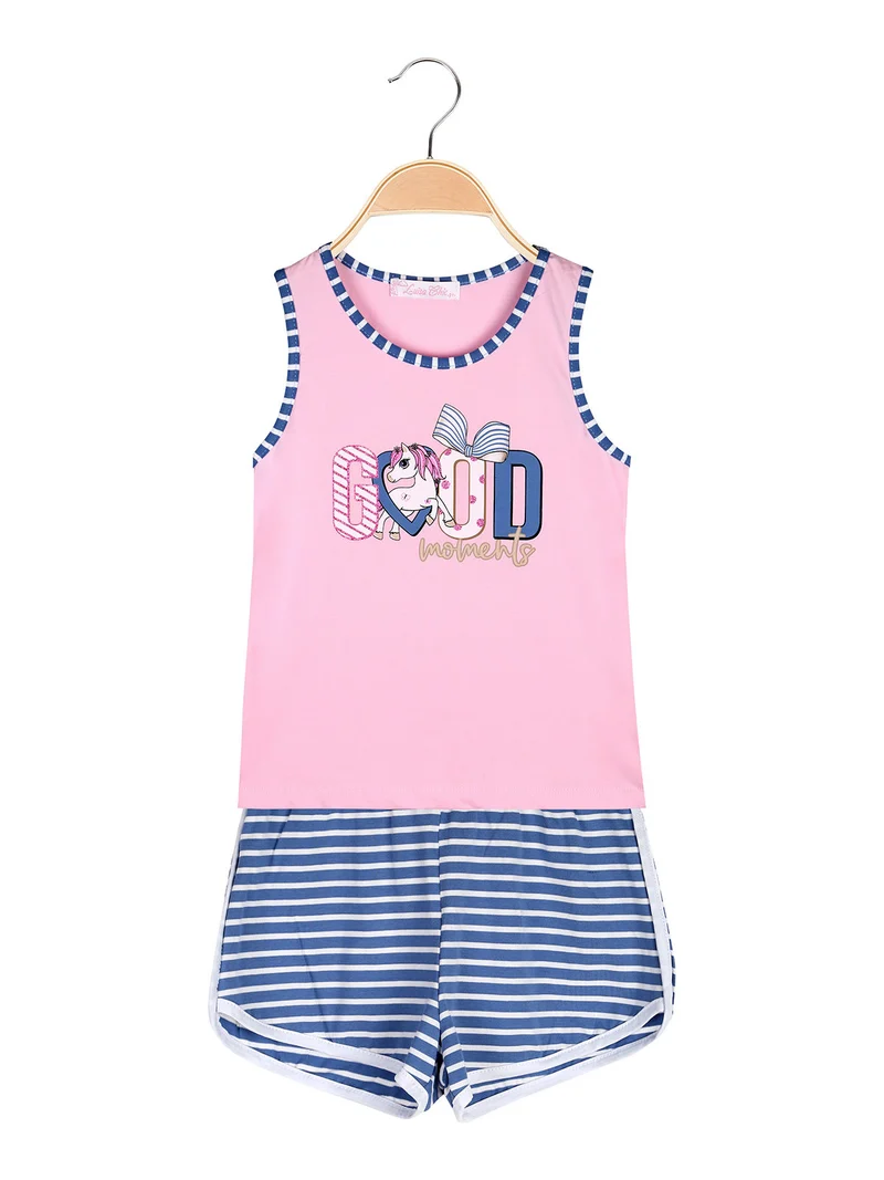 Completo corto da bambina con canotta e shorts rigati - rosa