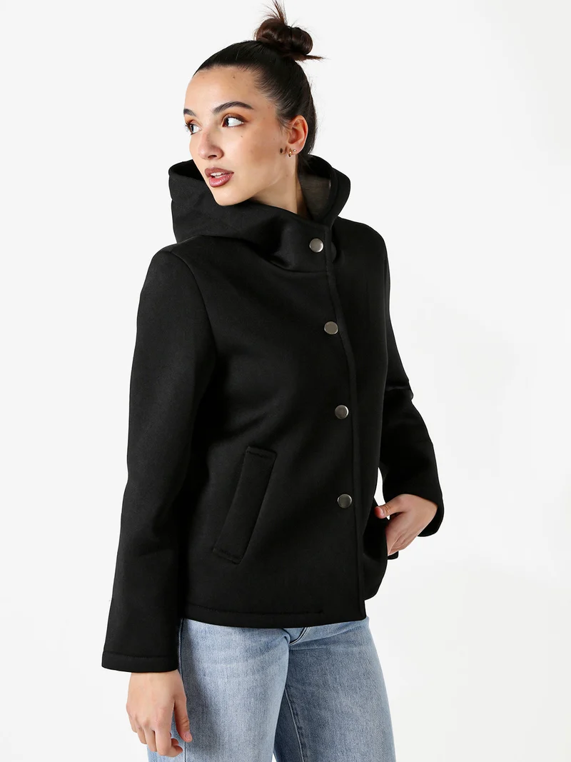 Giacca da donna in panno con bottoni e cappuccio - nero