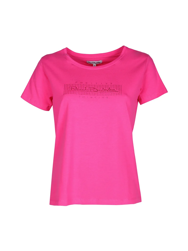 T-shirt donna in cotone bielastico con glitter - fucsia