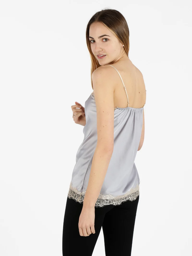 Top donna effetto raso con pizzo - grigio chiaro