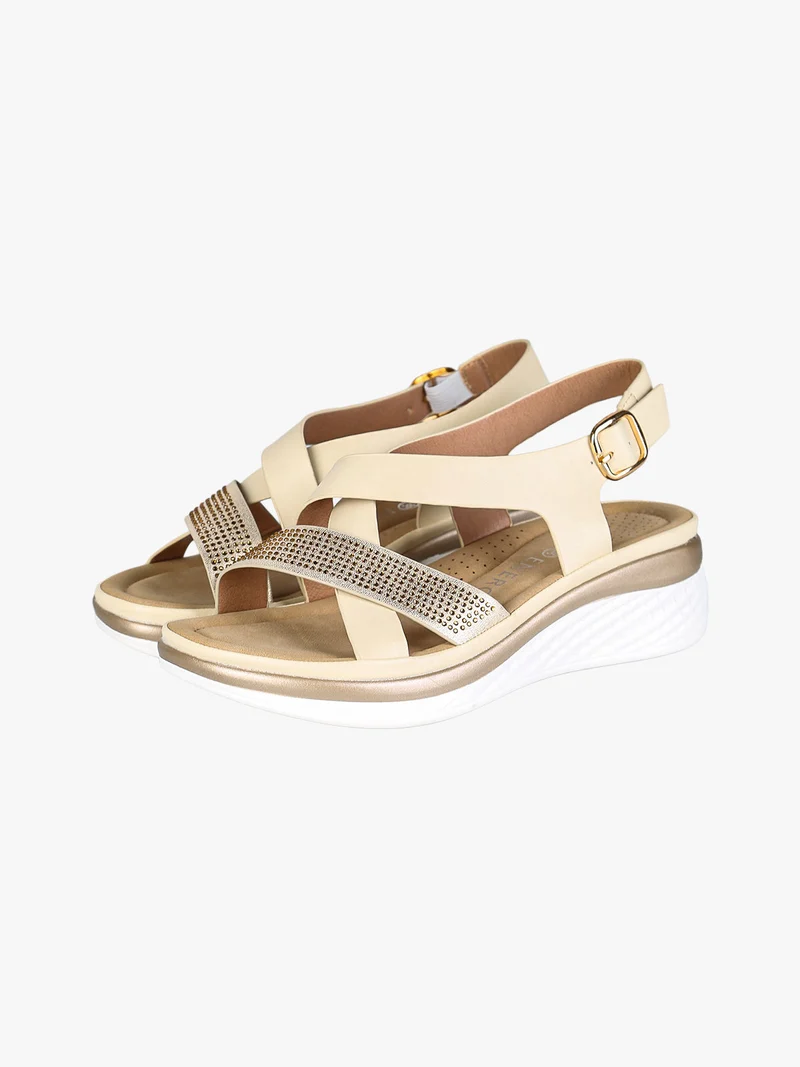 Sandali donna con strass e zeppa comfort - panna