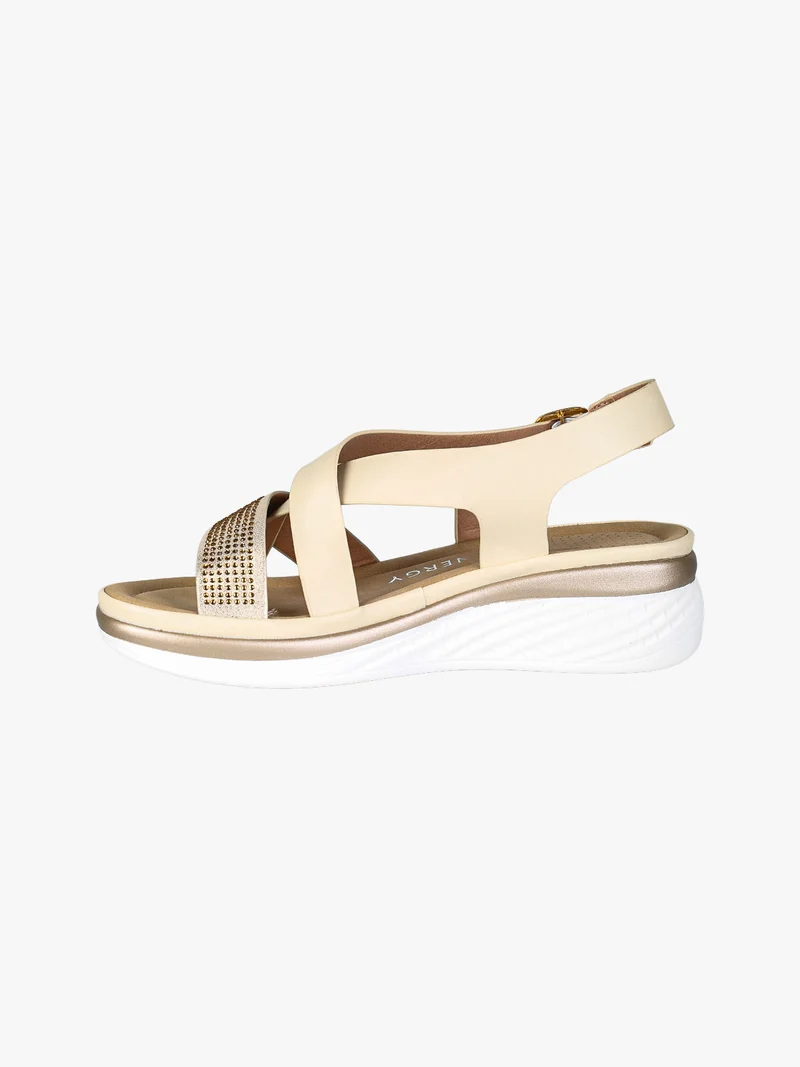 Sandali donna con strass e zeppa comfort - panna