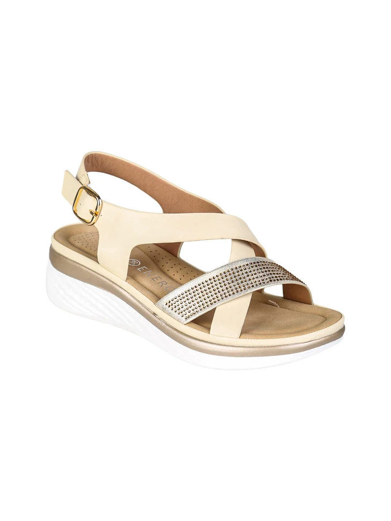 Sandali donna con strass e zeppa comfort - panna