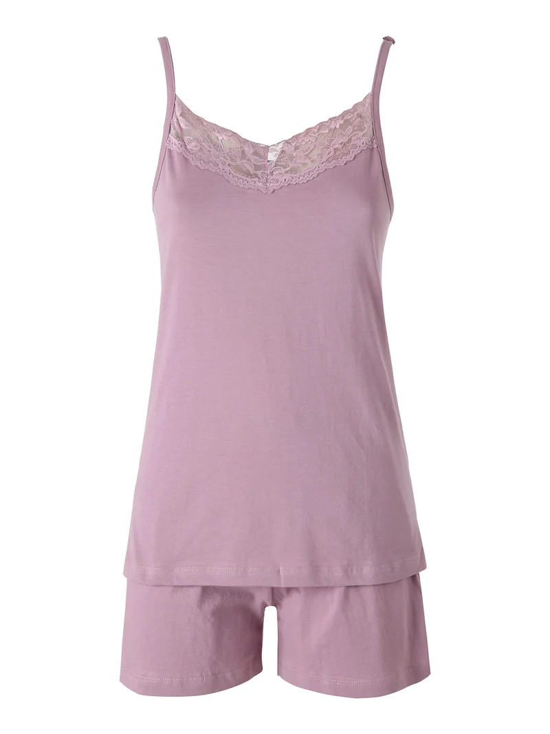 Pigiama corto da donna in cotone con spalline sottili e shorts - lilla
