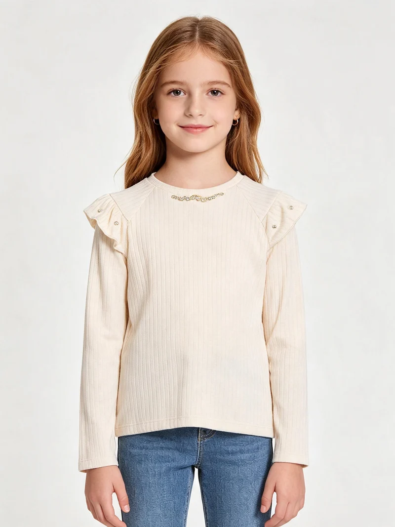 Maglia da bambina a maniche lunghe con dettagli di perle - beige