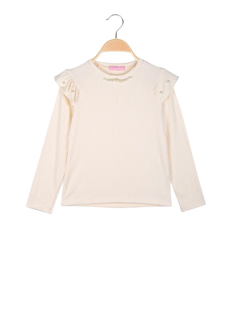 Maglia da bambina a maniche lunghe con dettagli di perle - beige
