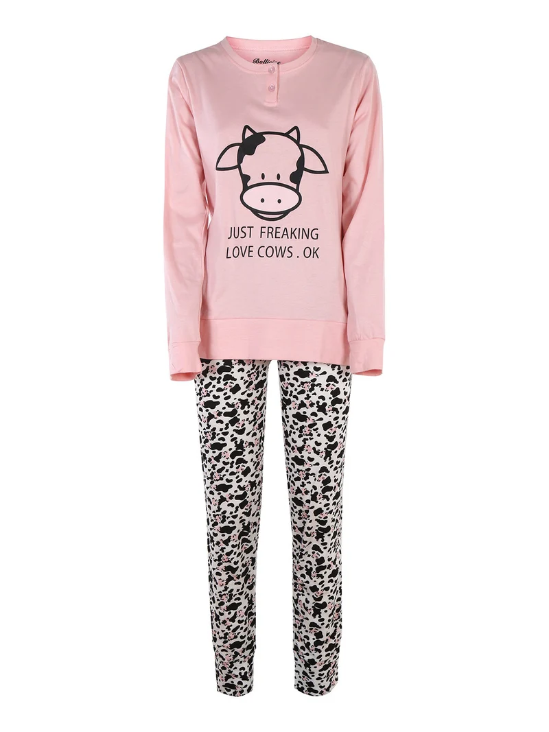 Pigiama lungo da donna in cotone con stampa mucca - rosa
