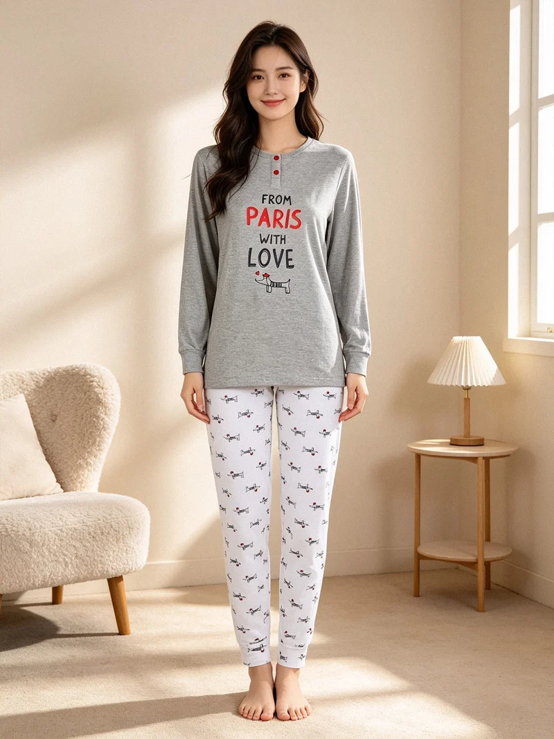 Pigiama lungo da donna in cotone - grigio