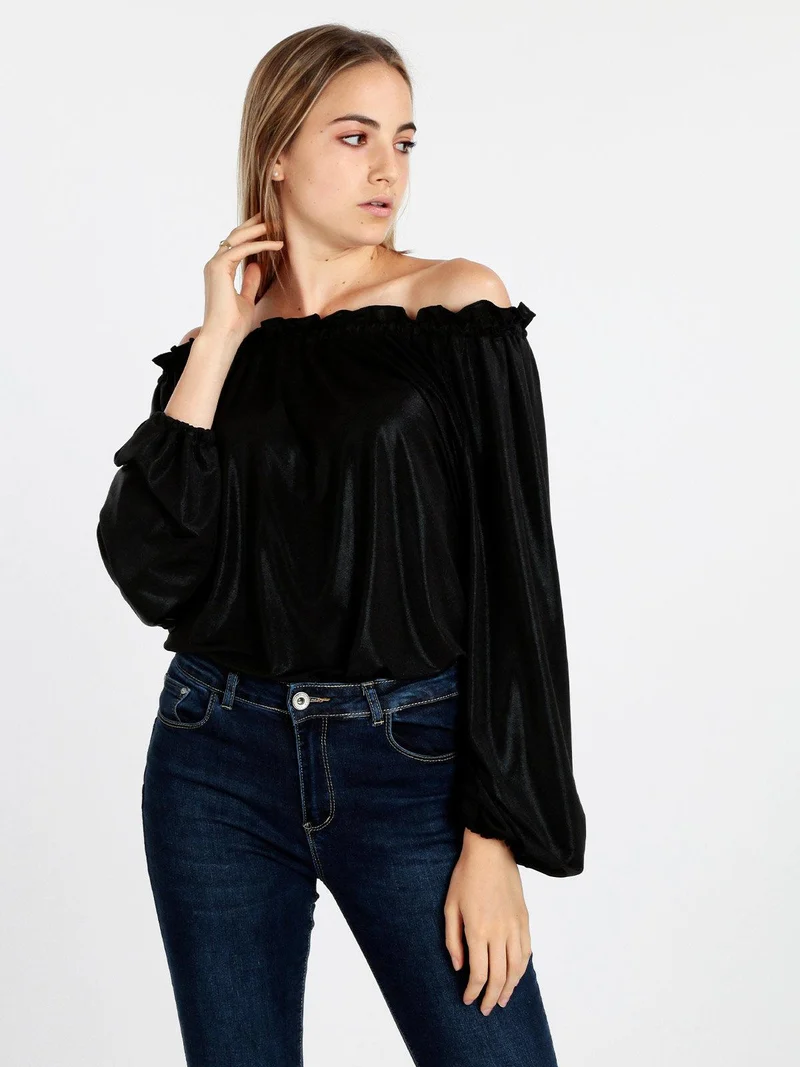 Blusa donna in lamè con maniche a palloncino - nero