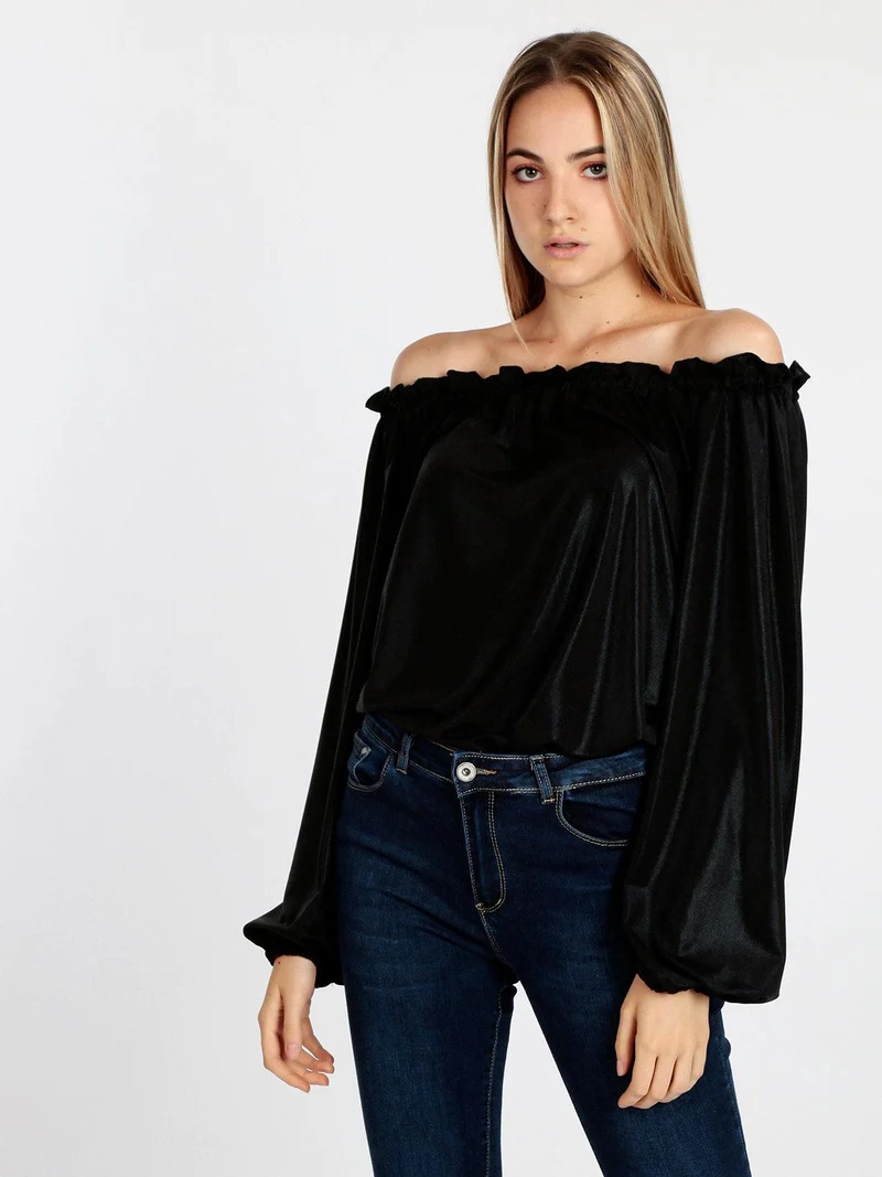 Blusa donna in lamè con maniche a palloncino - nero