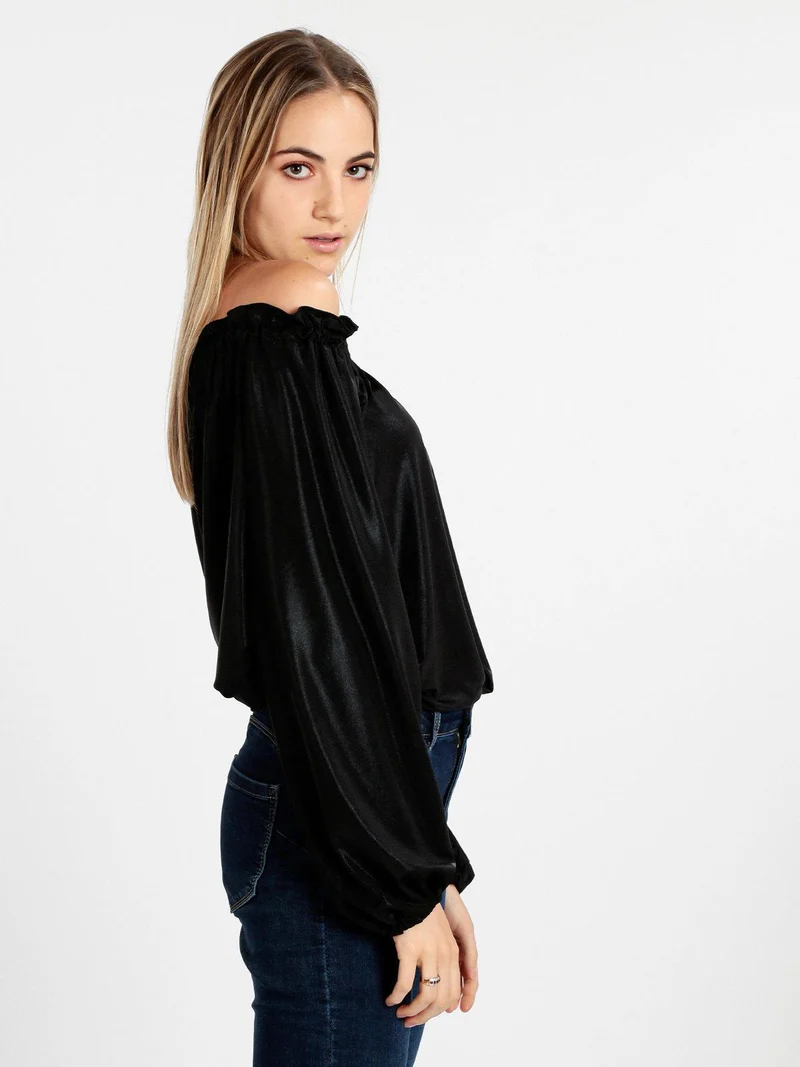 Blusa donna in lamè con maniche a palloncino - nero