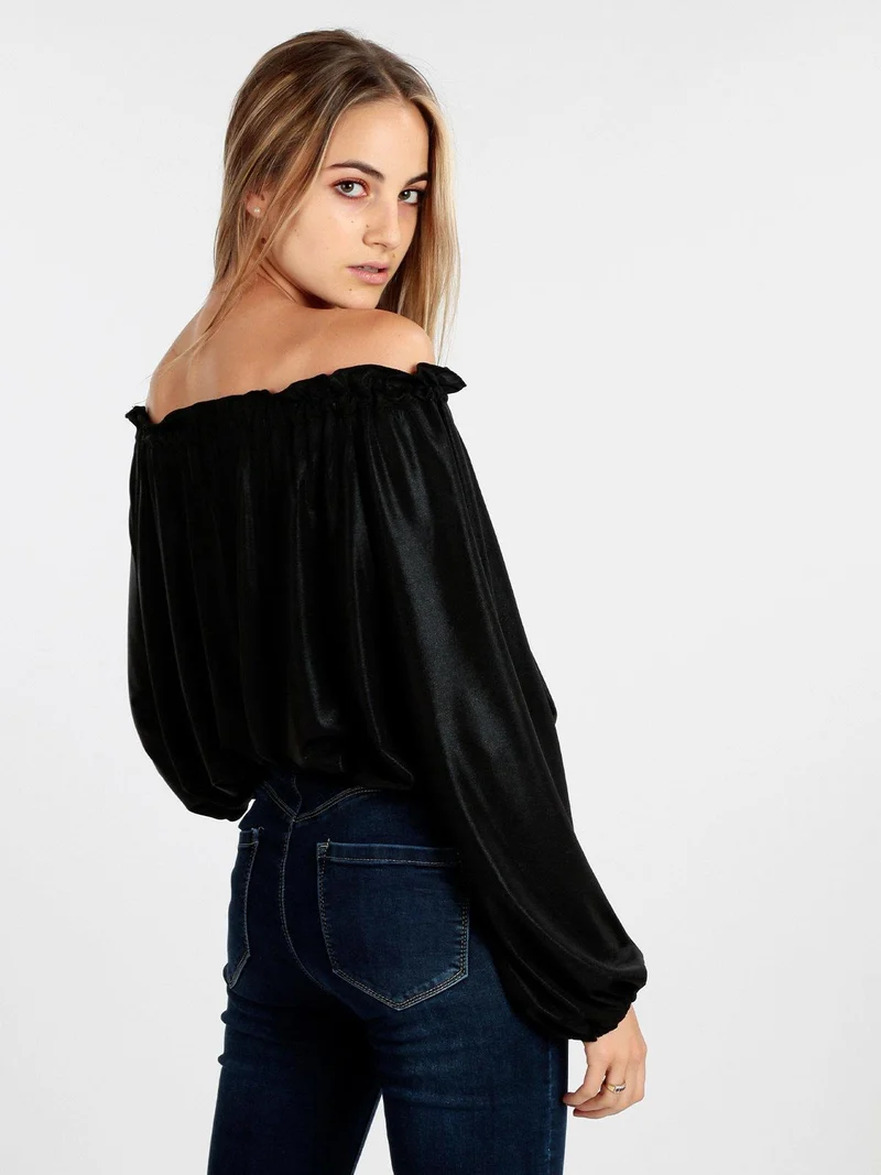 Blusa donna in lamè con maniche a palloncino - nero