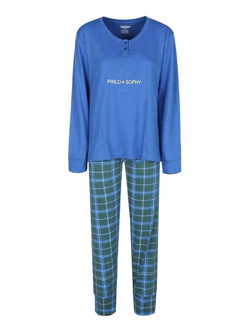 Pigiama lungo donna in cotone con scritta - blu