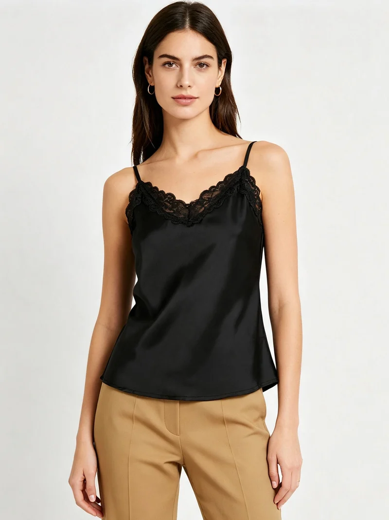 Top donna effetto raso con scollo in pizzo e spalline strette - nero