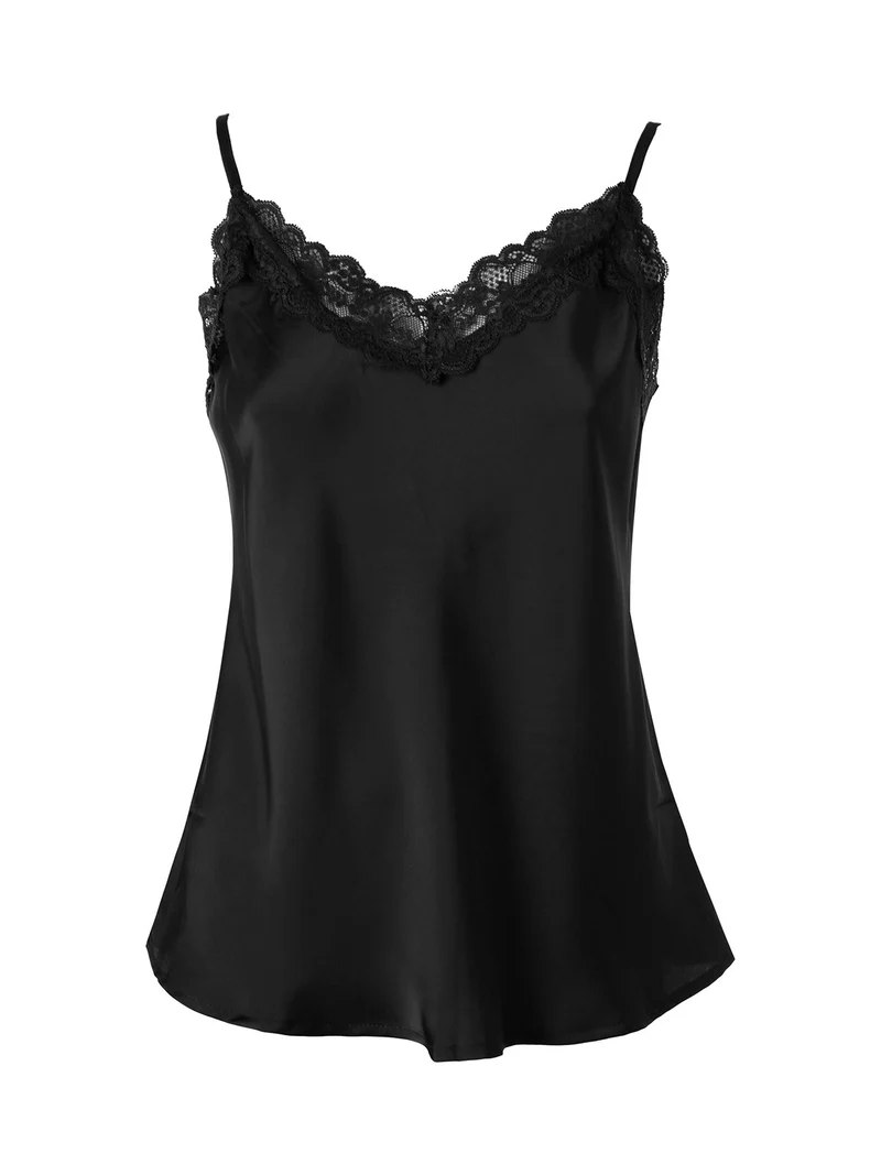 Top donna effetto raso con scollo in pizzo e spalline strette - nero