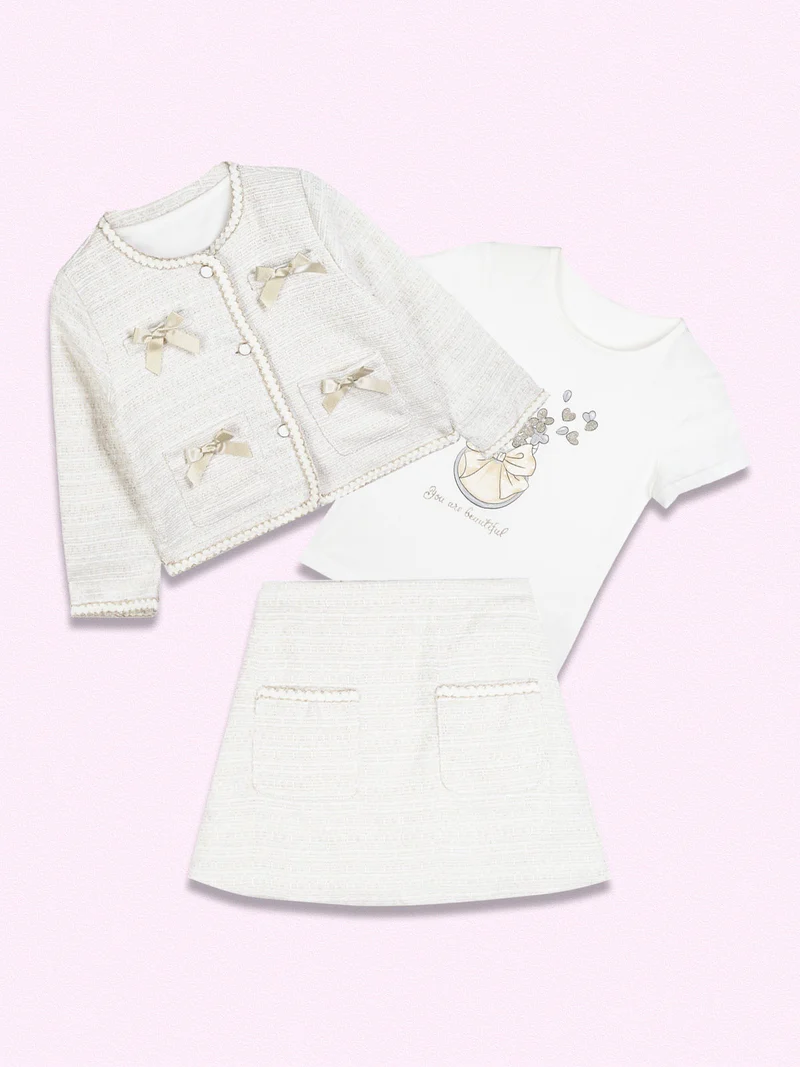 Completo elegante da bambina 3 pezzi con gonna - bianco