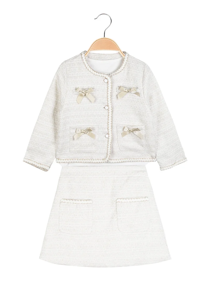 Completo elegante da bambina 3 pezzi con gonna - bianco