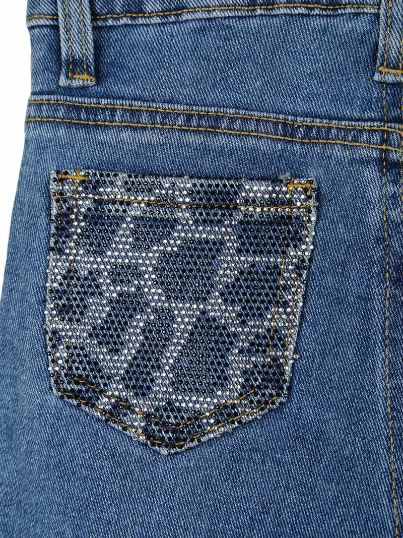 Jeans da bambina a gamba larga con strass sul retro - jeans