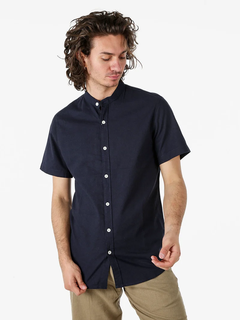Camicia uomo misto lino e cotone a maniche corte con colletto alla coreana - blu scuro