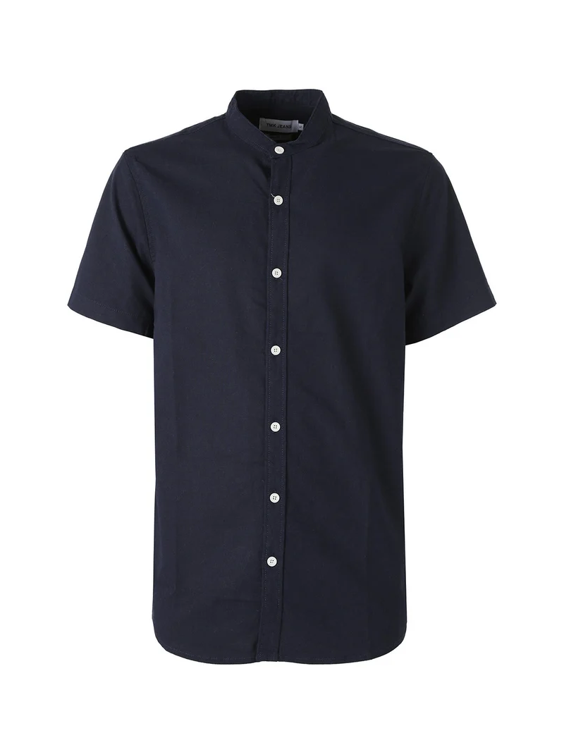 Camicia uomo misto lino e cotone a maniche corte con colletto alla coreana - blu scuro