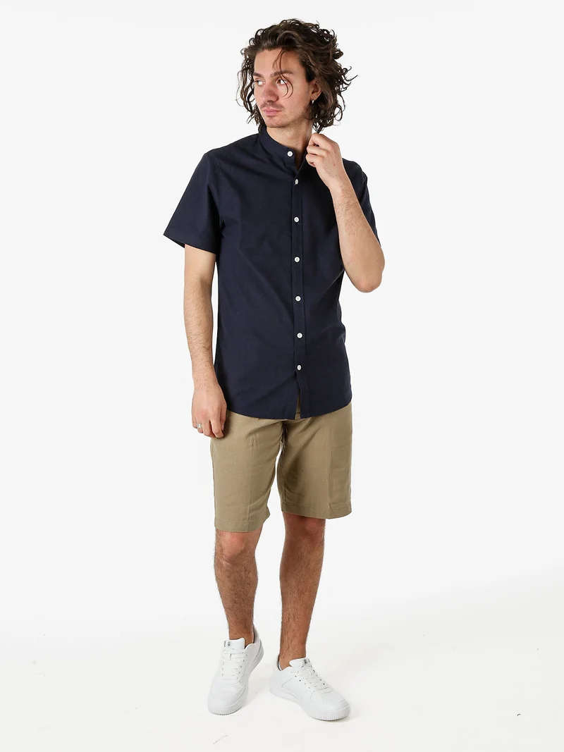 Camicia uomo misto lino e cotone a maniche corte con colletto alla coreana - blu scuro