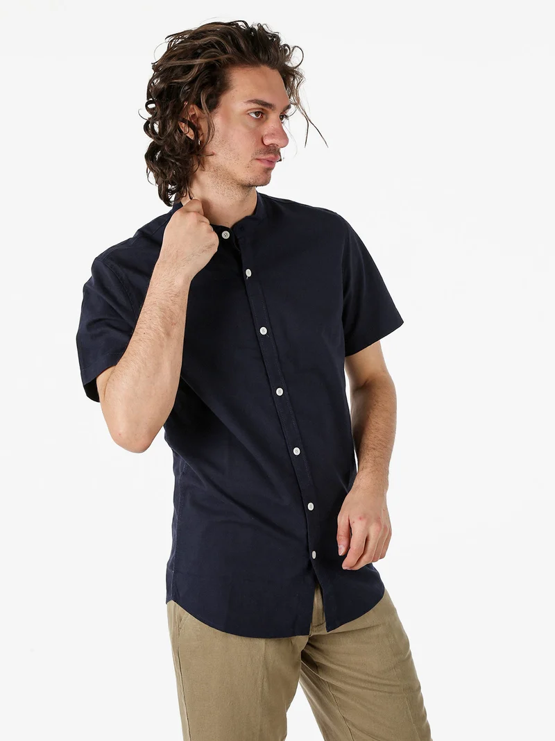 Camicia uomo misto lino e cotone a maniche corte con colletto alla coreana - blu scuro