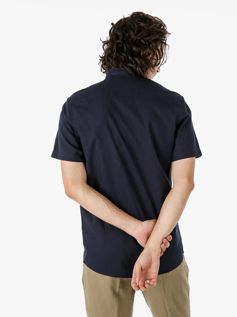 Camicia uomo misto lino e cotone a maniche corte con colletto alla coreana - blu scuro