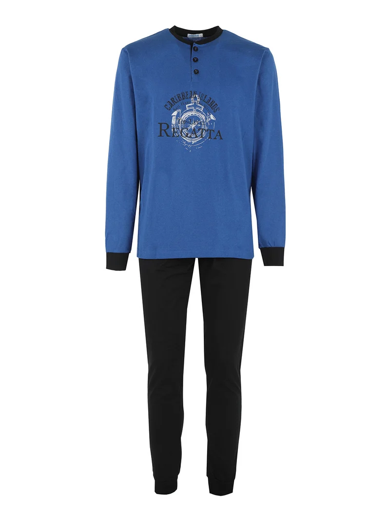 Pigiama lungo da uomo in misto cotone - blu