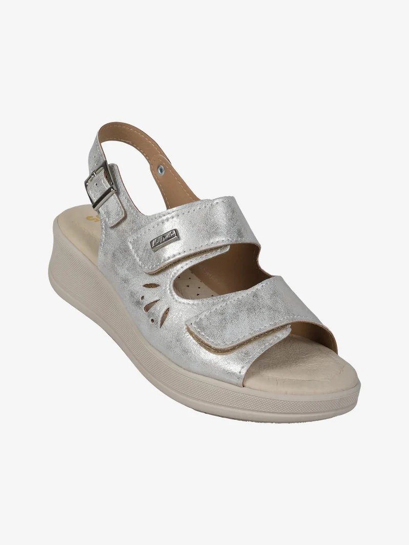 Sandali donna comfort con zeppa e cinturini a strappo - argento