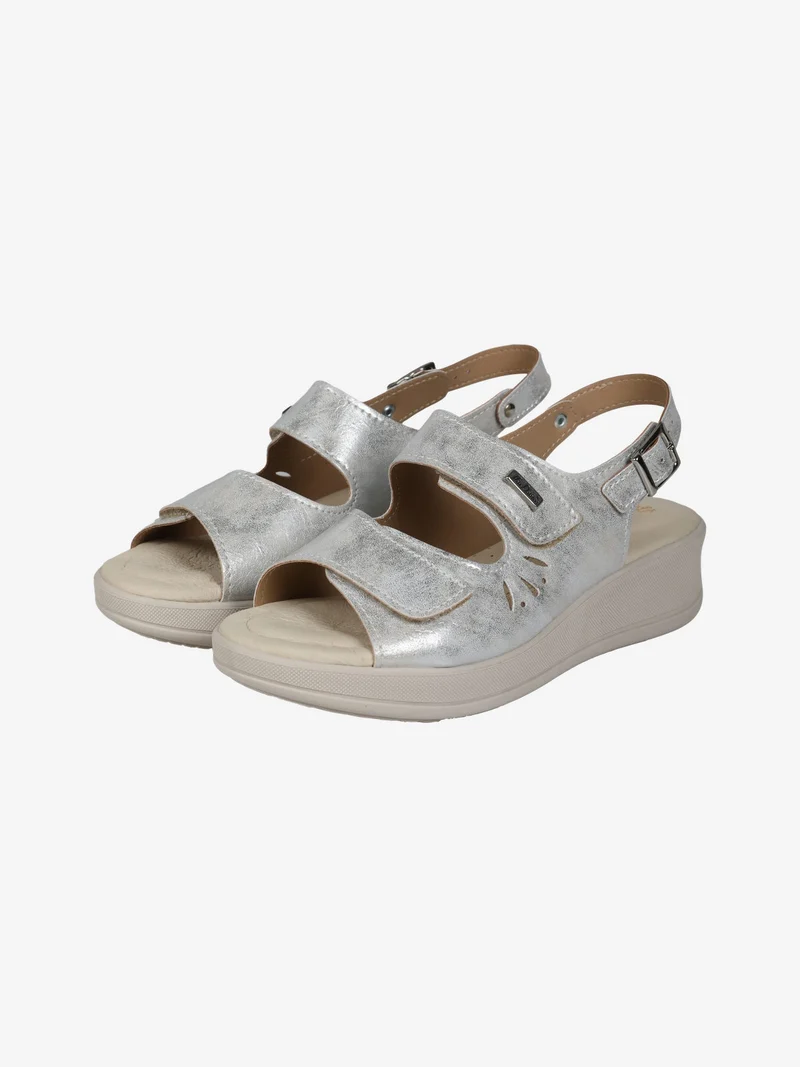 Sandali donna comfort con zeppa e cinturini a strappo - argento