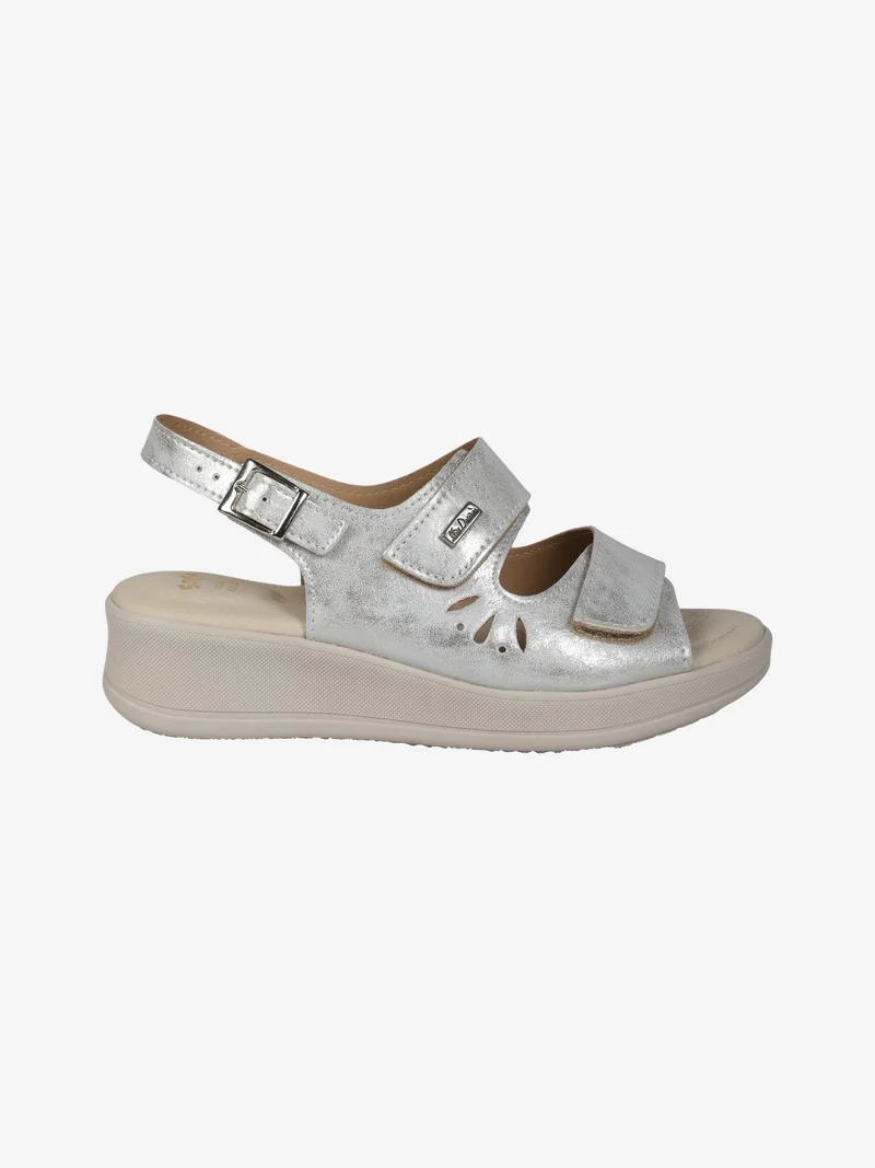 Sandali donna comfort con zeppa e cinturini a strappo - argento