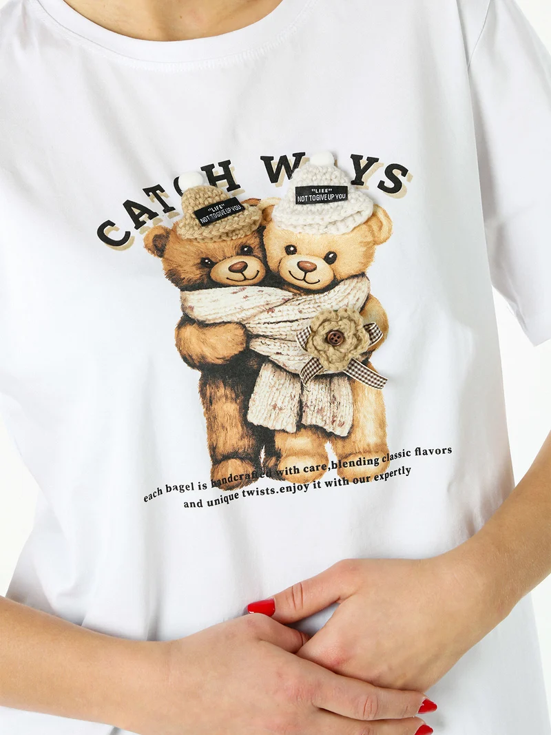T-shirt donna orsetto in cotone - bianco