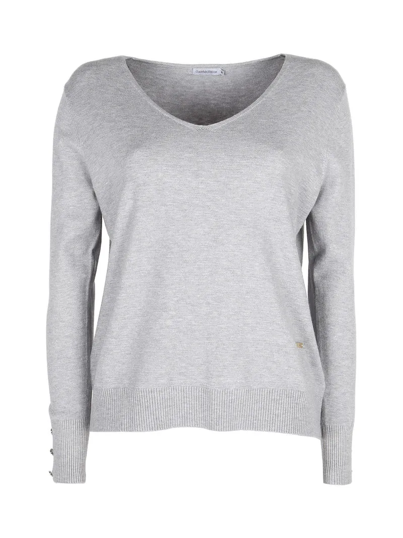 Pullover donna in maglia scollo a V con bottoni gioiello sui polsini - perla