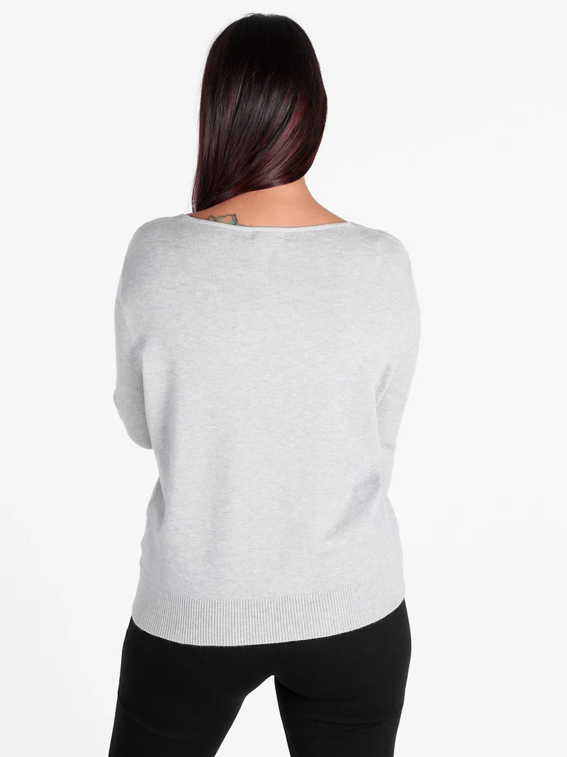 Pullover donna in maglia scollo a V con bottoni gioiello sui polsini - perla