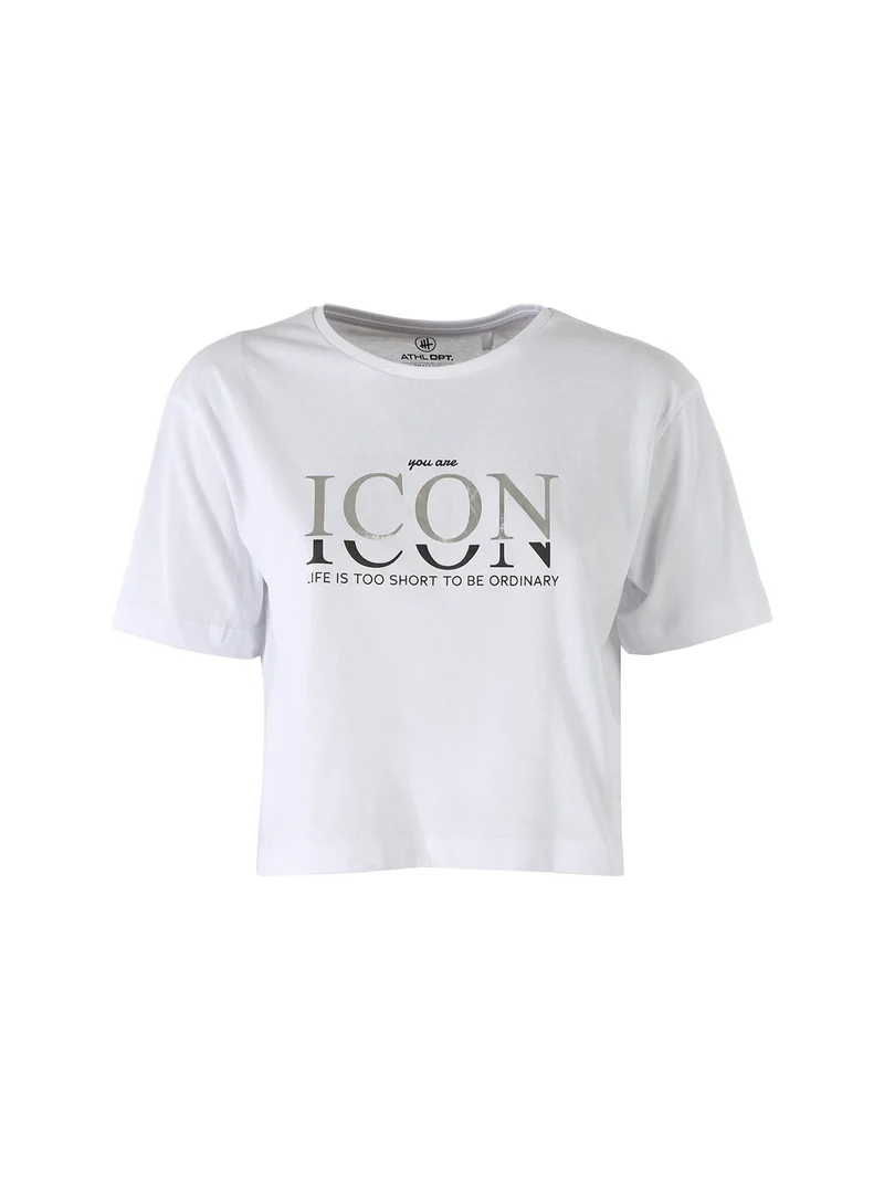 T-shirt donna cropped in cotone con stampa - bianco