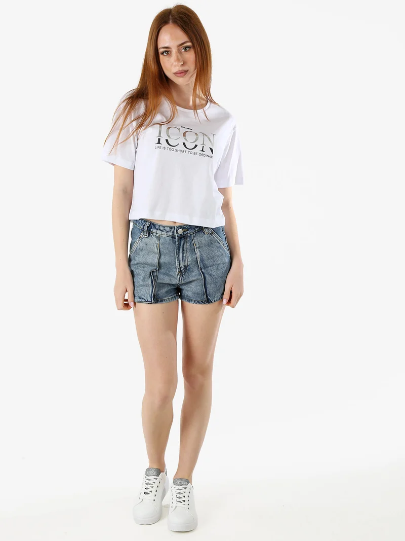 T-shirt donna cropped in cotone con stampa - bianco