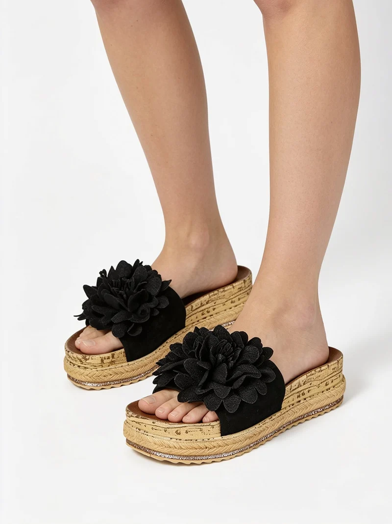 Ciabatte donna con fiore e platform - nero