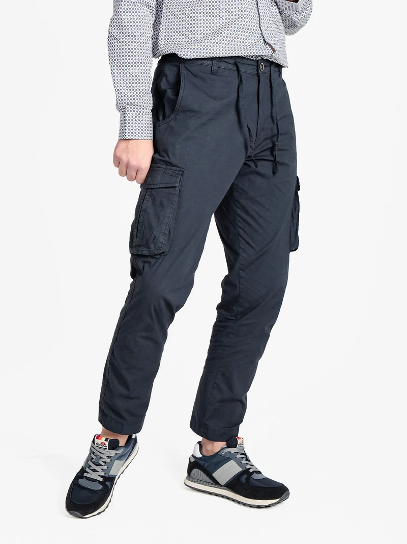 Pantaloni cargo da uomo in cotone con coulisse - blu scuro