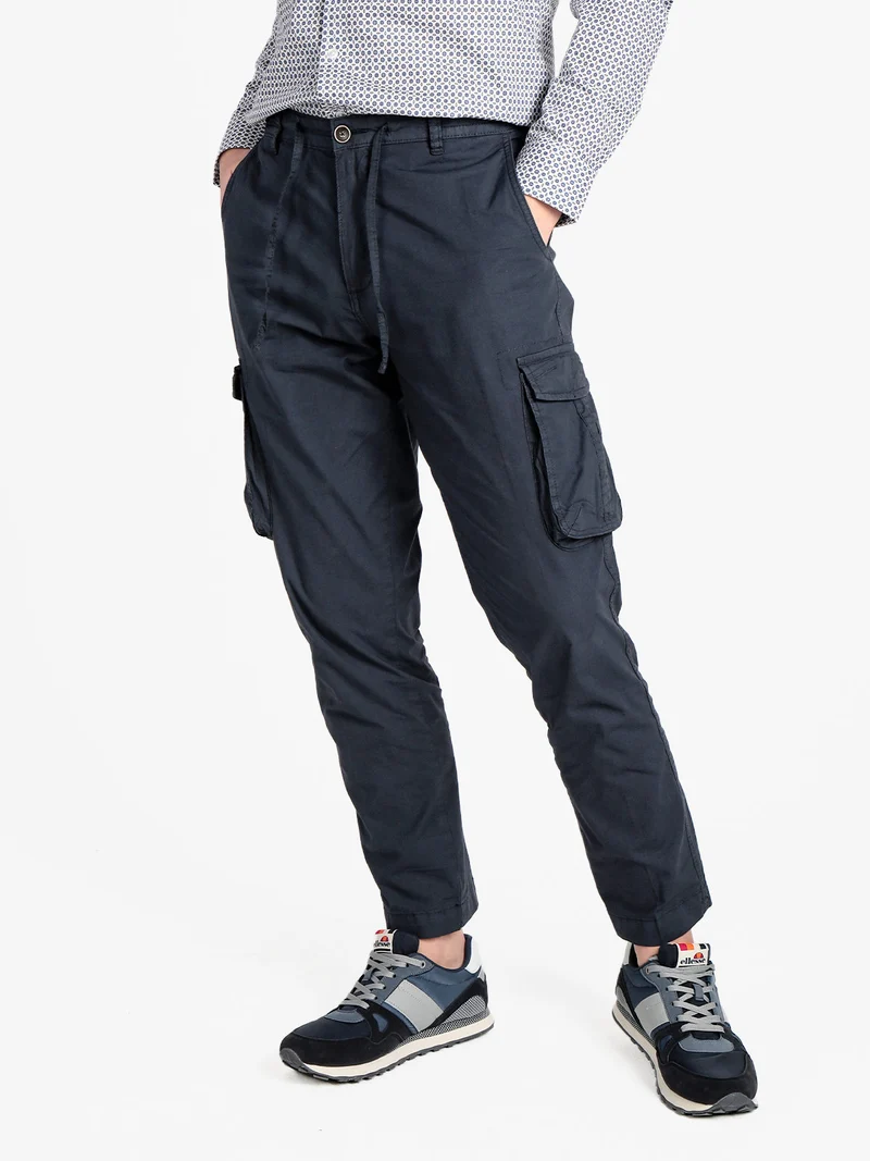 Pantaloni cargo da uomo in cotone con coulisse - blu scuro