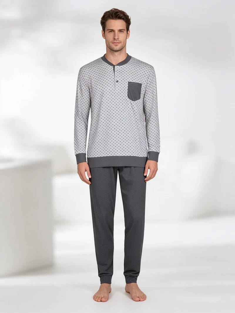 Pigiama lungo da uomo in cotone interlock con taschino - grigio