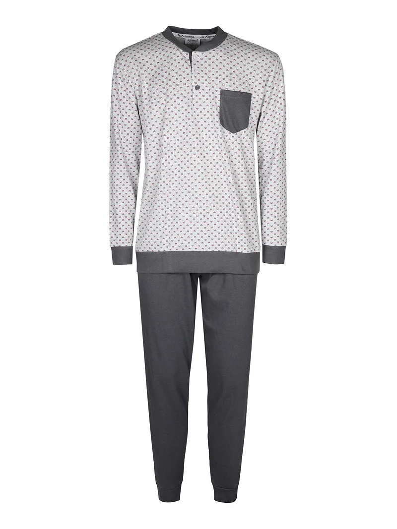 Pigiama lungo da uomo in cotone interlock con taschino - grigio