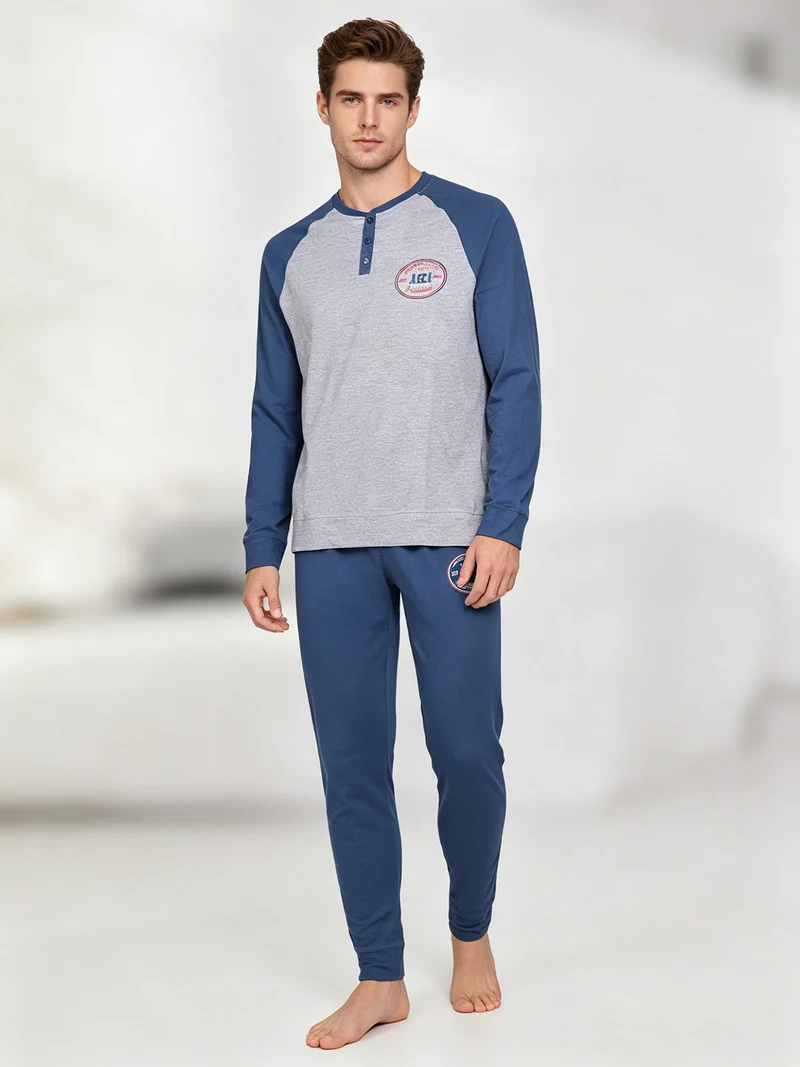 Pigiama lungo da uomo in misto cotone - blu