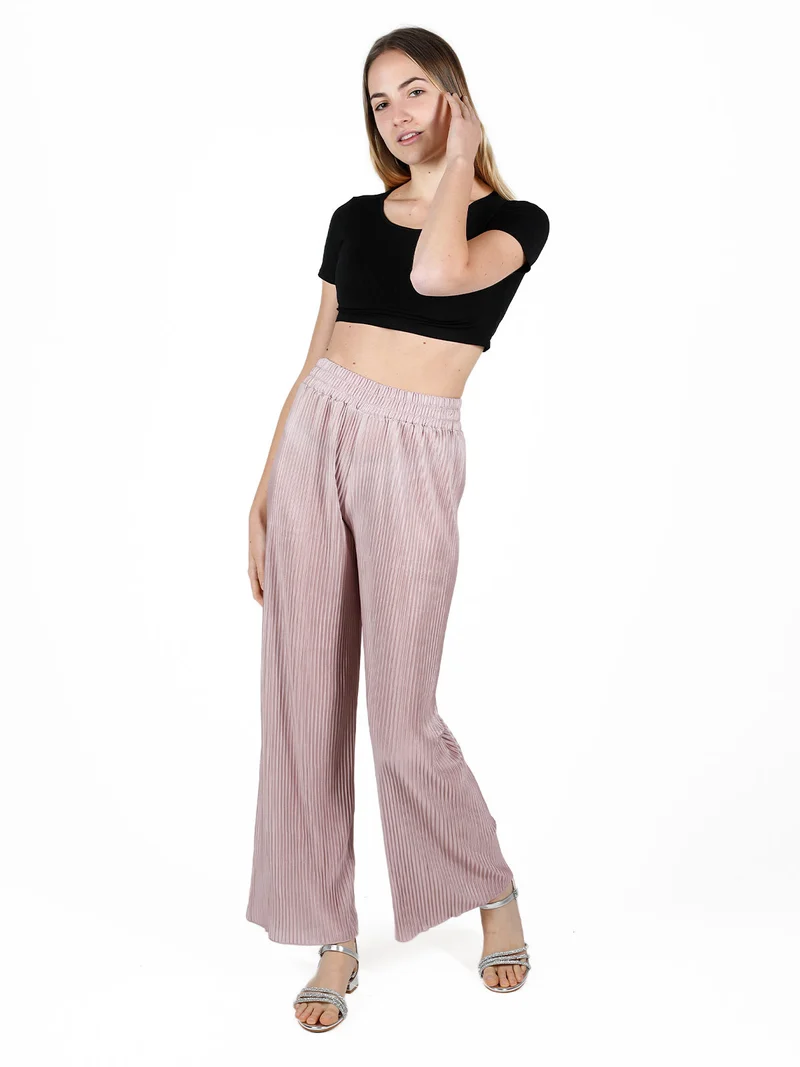 Pantaloni donna leggeri a palazzo plissettati - rosa