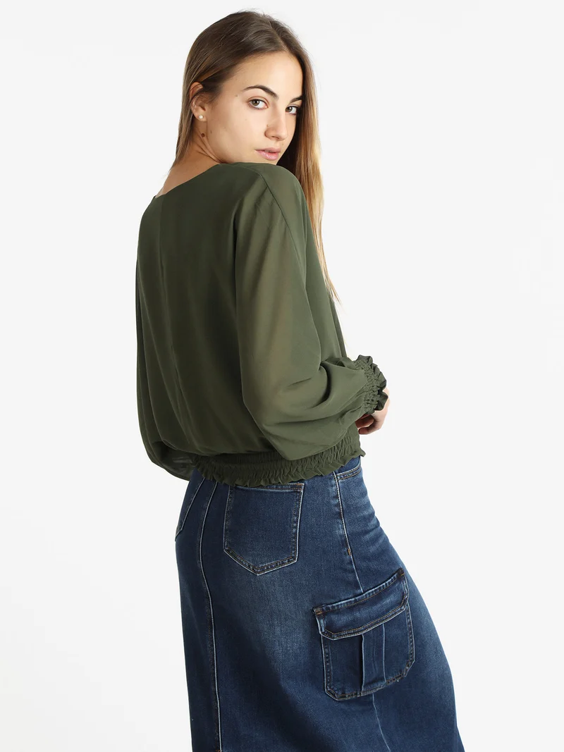 Blusa donna in voilè con maniche a pipistrello - oliva
