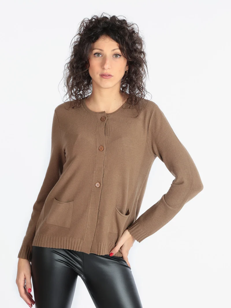 Cardigan in maglia lavorata con tasche da donna - marrone